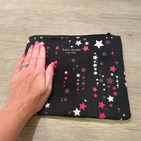 Kate Spade Large Canvas Cosmetic Zip Twinkle Star Pouch in Black Pink Multi - Picture 4 of 6